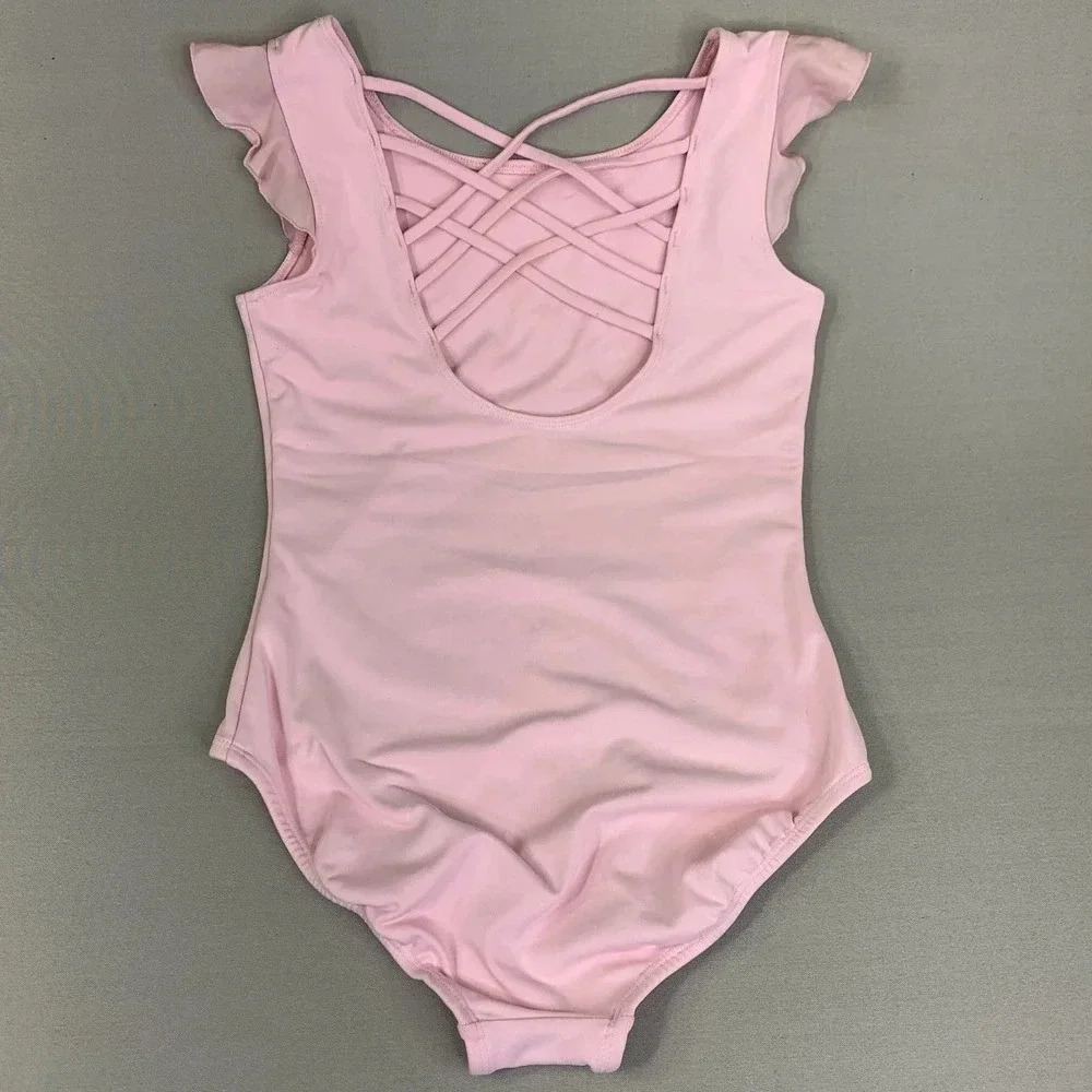 JUSTICE Active Girl's One Piece Flutter Cap Sleeves Swimsuit Baby Pink Size 14 - Picture 2 of 12